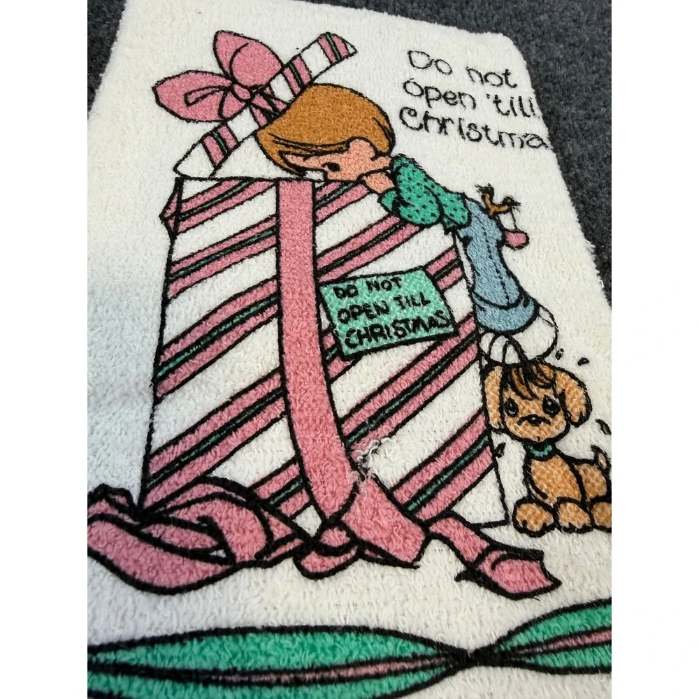 Vintage 1990 Precious Moments Hand Towel Do Not Open Till Christmas Made in USA